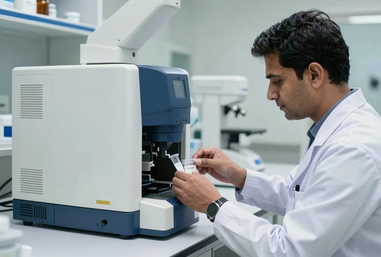 A sterile, bright medical laboratory in a South Asian hospital facility. A technician is carefully handling lab samples next to a high-precision diagnostic machine. The lighting is crisp and cool, highlighting the polished surfaces and modern equipment in off-white and deep blue.