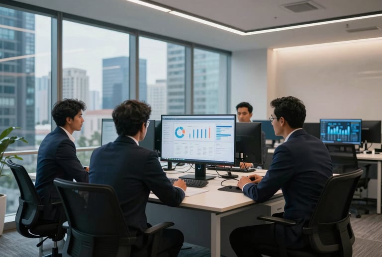 A professional photography shot of a sleek, modern corporate office in a busy South Asian city. Professionals are engaged in a meeting around a table with large digital monitors displaying brand analytics. The room has large windows with soft daylight, featuring sky blue and off-white interior accents.