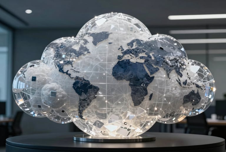 High-quality professional shot of a crystalline data sculpture illuminated by soft white and deep navy light, suggesting cloud architecture and intelligence in a North American / Global office.
