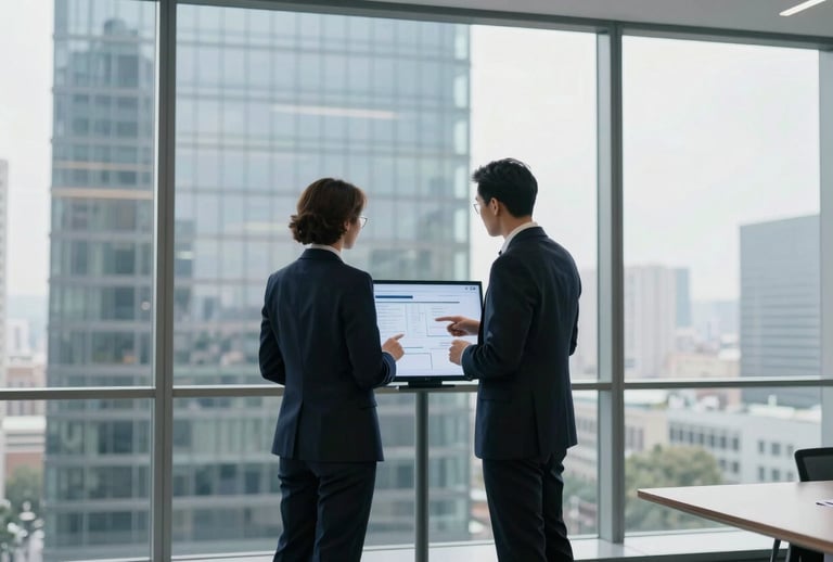 Two professionals discussing business strategy in office with city view background