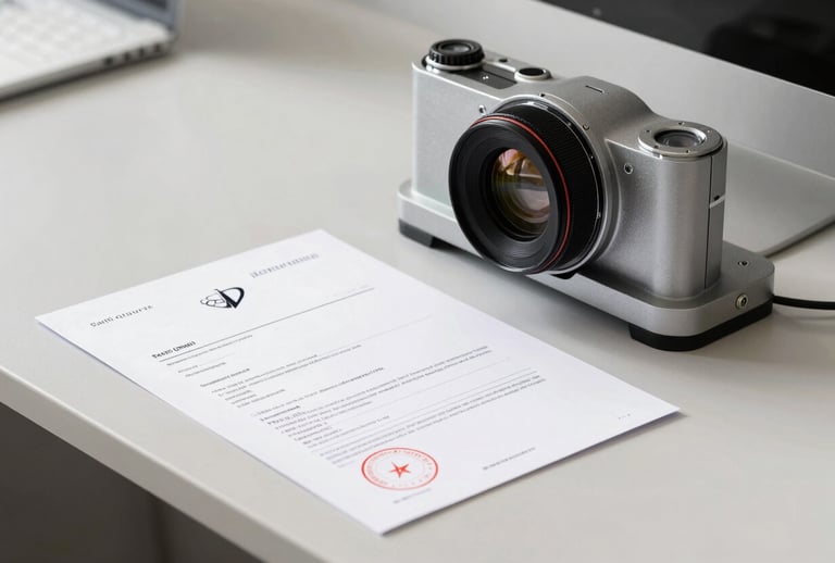Clean, high-standard commercial photography showing a modern industrial design element or a patent document on a minimalist desk. The scene is bright and professional, representing intellectual property and industrial innovation in a South American context.