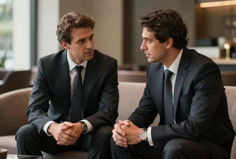 Professional high-end photography of two corporate executives in formal business attire discussing a deal in a luxury lounge in São Paulo. The composition uses a shallow depth of field, highlighting the confidence and focus of the professionals. Tones of charcoal black and soft gold lighting.