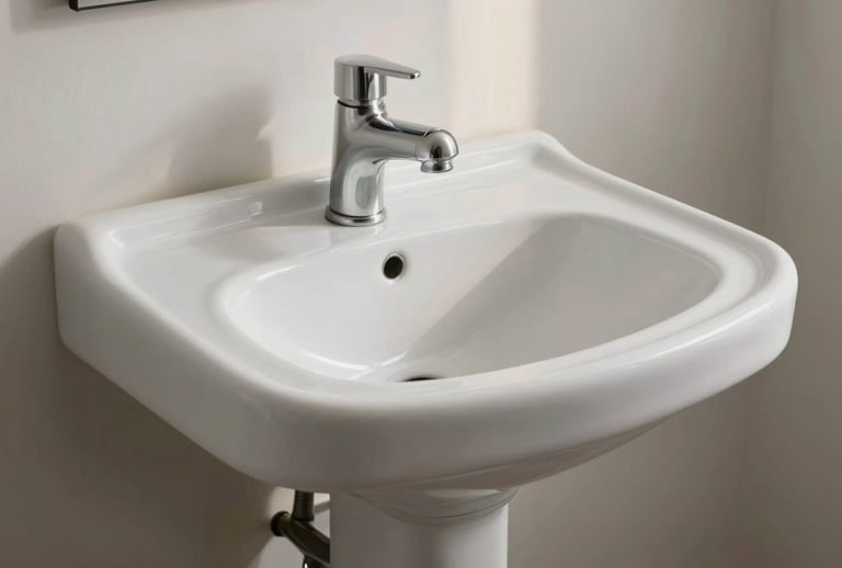 Close-up of a perfectly restored white pedestal sink in a high-end Brooklyn apartment. The porcelain surface is glossy and free of stains, reflecting a soft window light. Clean, minimalist aesthetic.