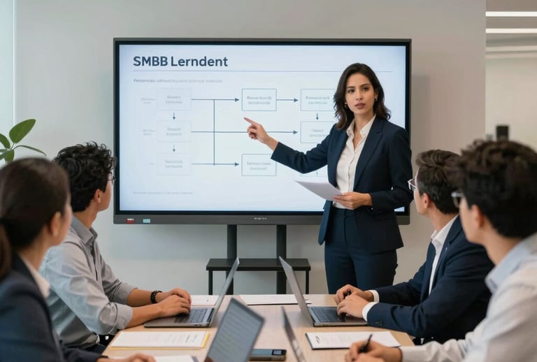 Photography of a modern workplace training session in a clean Latin American and Spanish SMB office setting. A professional female manager is explaining a workflow structure to her team with a smart display. Inspiring, professional, and clear growth aesthetic.
