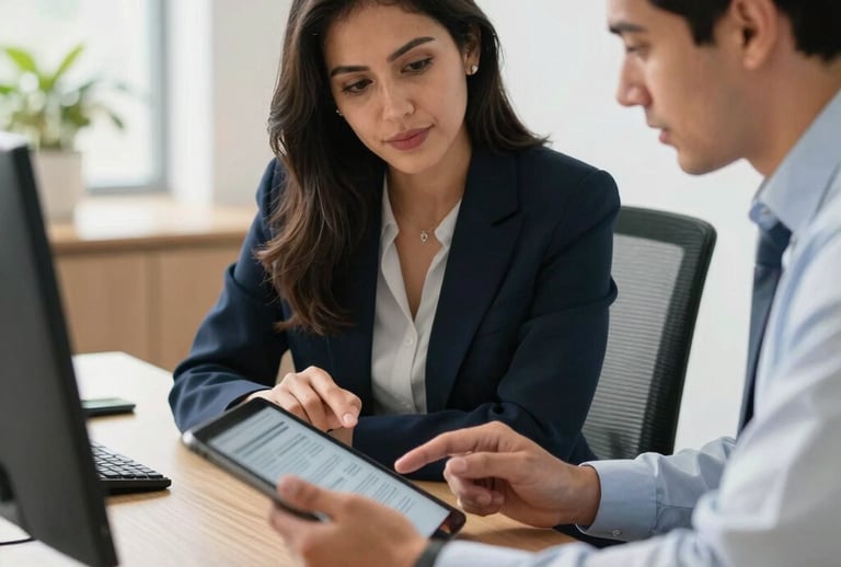 Clean and bright photography of an office desk where a consultant and a business owner review processes on a tablet. Professional and cooperative mood reflecting Latin American and Spanish SMB market, with natural light and a structured workspace.