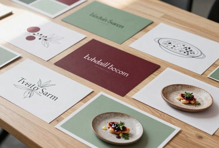 A creative marketing strategy session inside a modern Scandinavian office. Sketches of culinary branding, color palettes of deep crimson and sage green, and organic rustic plating photos are spread across a light pine table, with soft morning light overhead.