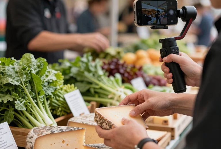 A close-up shot of hands selecting artisan cheeses and fresh leafy greens at a bustling local food market in Scandinavia. In the background, an agency social media manager is filming the interaction using a smartphone mounted on a compact stabilizer. Bright, clean morning light and rich natural tones.