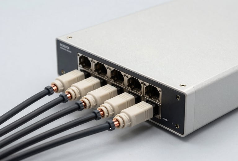 Macro photography of professional security networking hardware, high-grade copper cables and a sturdy DVR unit, organized neatly on a light grey surface, bright studio lighting, off-white and cool grey theme.