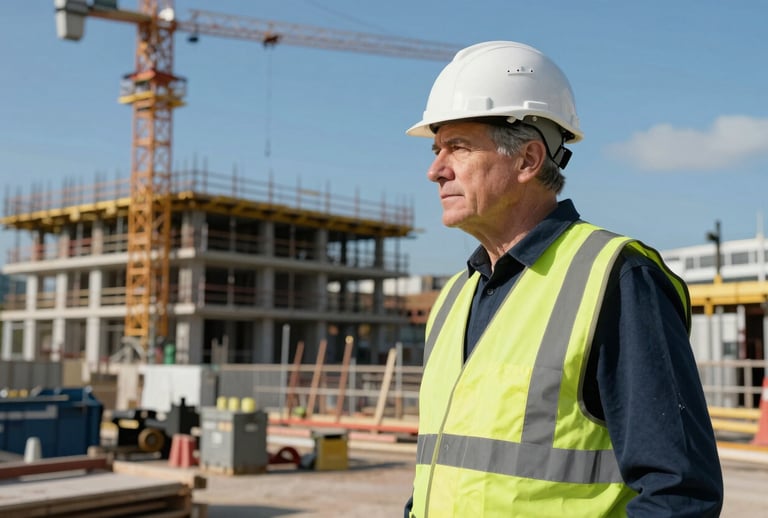 A senior construction manager in a high-visibility vest and white hard hat overseeing a safe, organized construction site in London, clear blue sky, professional architectural detail.