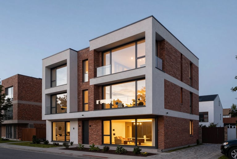 A high-end modern residential development in a Northern European suburb, featuring clean lines, large glass windows, and sustainable brickwork, dusk lighting with interior warm lights visible.