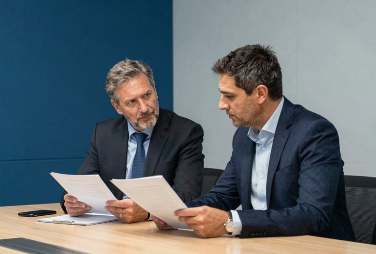 Two European professionals in business attire discussing documents in a modern meeting room. The background is a mix of medium blue and light gray walls. The atmosphere is professional and collaborative, typical of a top-tier Spanish consultancy.