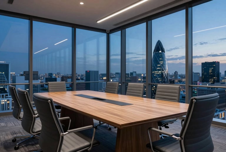 A wide shot of a contemporary boardroom in a European skyscraper. High-end wooden table, ergonomic chairs, and a view of a city like Madrid or Barcelona at dusk. The palette focuses on dark blue and light gray, conveying prestige.