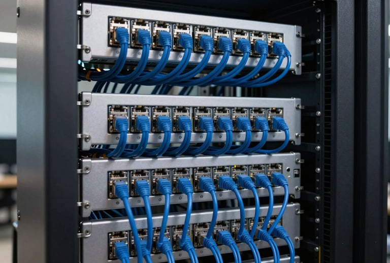 A neatly organized network rack with silver and blue ethernet cables in a modern Brazilian IT office, professional lighting highlighting the orderly installation and technological infrastructure.