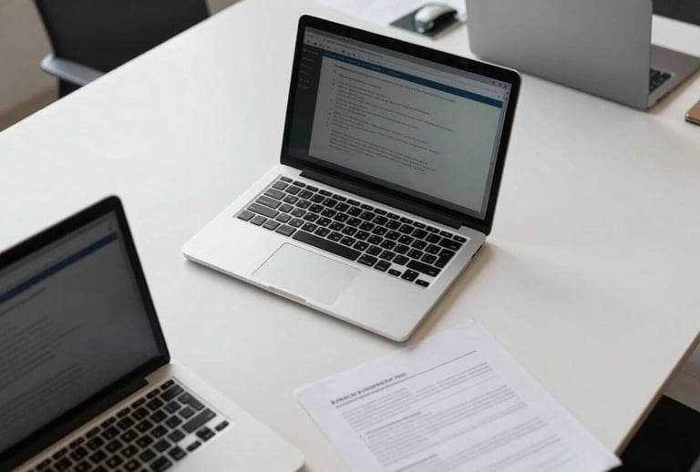 An overhead shot of a clean, modern Brazilian workplace with silver laptops and documents, conveying a mood of professional IT consulting and security planning, soft natural lighting.