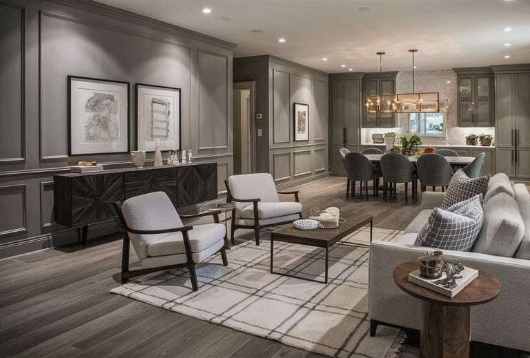 a living room with a couch and chairs