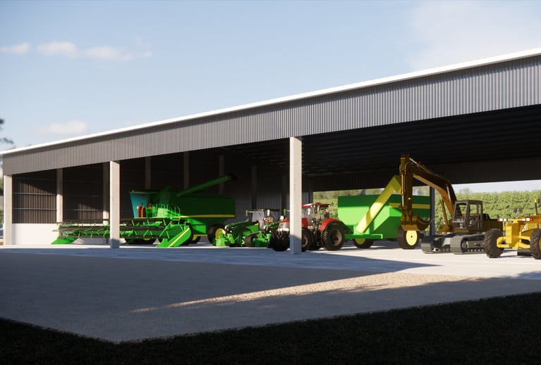 Galpão para abrigo de maquinário agrícola com amplo acesso