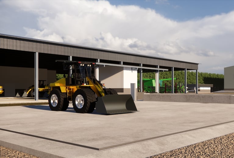 Área pavimentada com sistema de drenagem para lavagem de máquinas