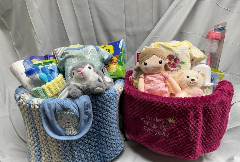A pair of New Baby Welcome Baskets. Welcome Baskets contain everything baby needs for the first week