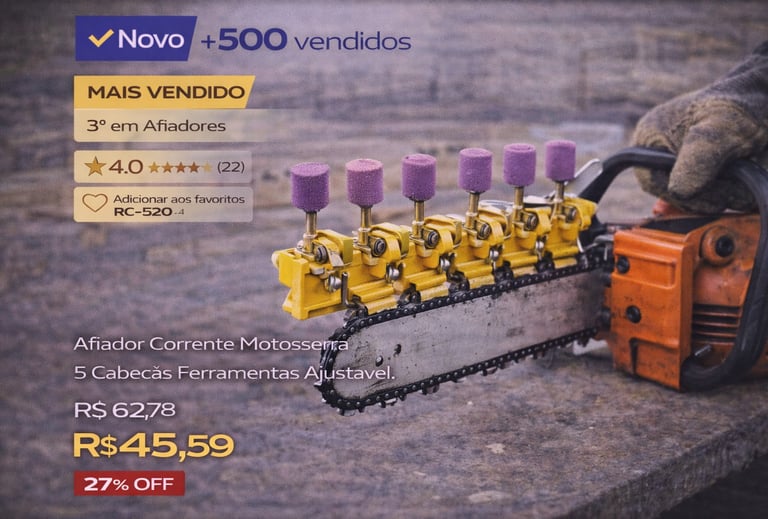 Afiador de corrente de motosserra ajustável com 5 cabeças de moagem roxas para afiação de precisão.