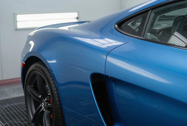 Close-up of a luxury car being spray-painted in a professional North American / US paint booth. The lighting highlights the smooth finish of the steel blue paint.
