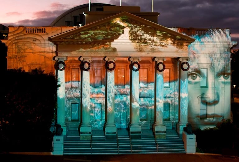 Projection mapping architecture, town hall Geelong town hall, Christmas 2022, animation