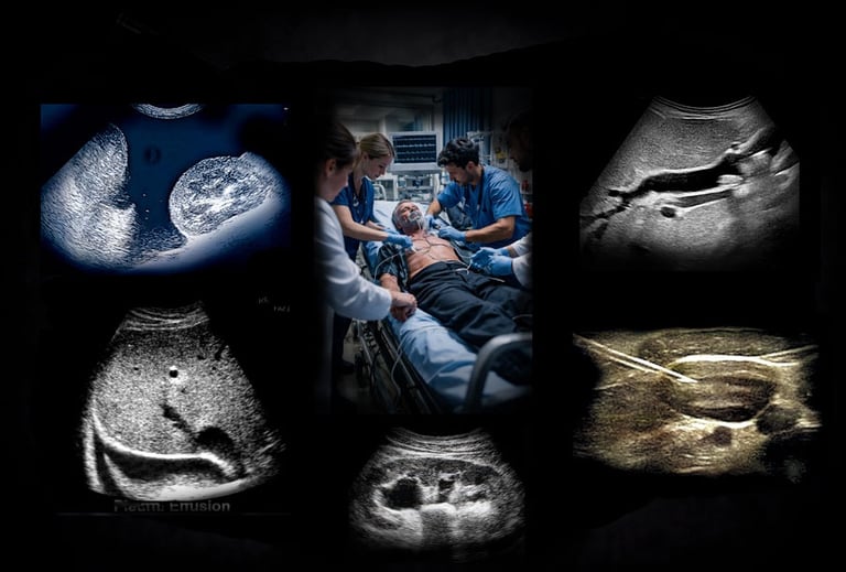 Emergency room physicians and  nurses treating a heart attack patient and  ultrasound images.