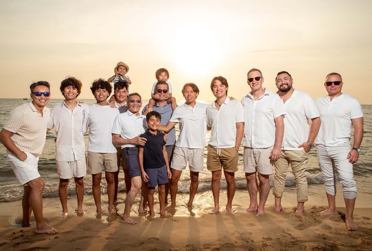 Large family beach photoshoot at sunset Phu Quoc