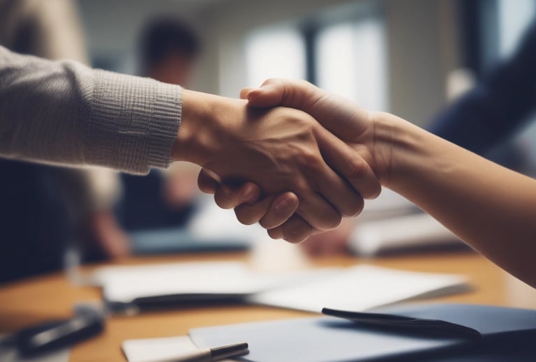 Two individuals in business attire are standing near glass doors with the phrase 'Invest Europe' etched on them. One person is holding a smartphone.