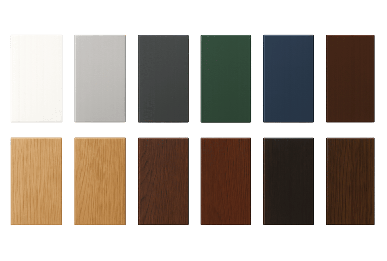 UPVC window and door colour range including white, grey, black and woodgrain finishes, Auckland show