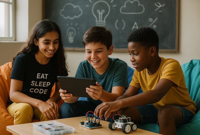 a group of children playing with a tablet computer