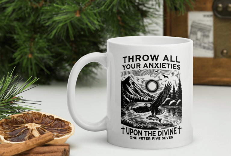 Throw Your Anxieties Upon the Divine White Glossy Mug,Asylvestre Shop