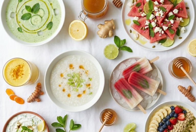 Healthy summer food flat lay featuring watermelon salad, fruit popsicles, and green gazpacho soup.