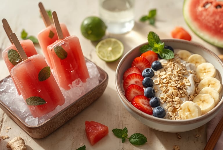 Fresh watermelon popsicles on ice next to a yogurt bowl with berries, bananas, and oats for a healthy summer breakfast.