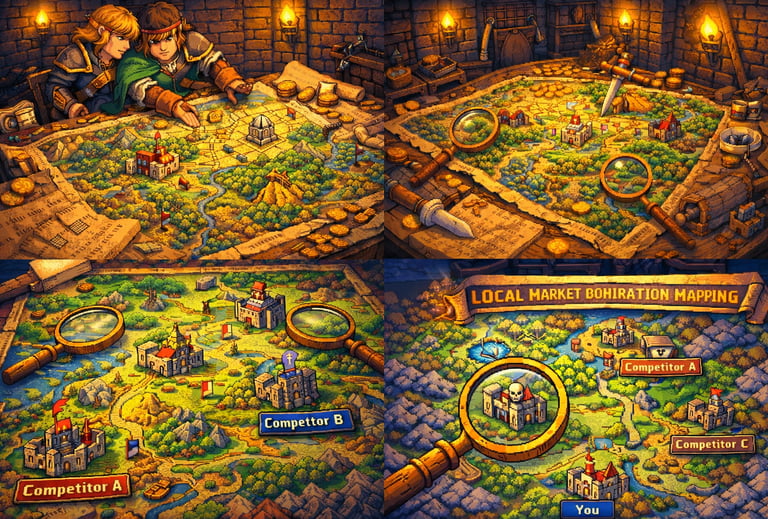 16-bit RPG pixel art illustrating Boise-based local market domination mapping, showing SEO strategy 