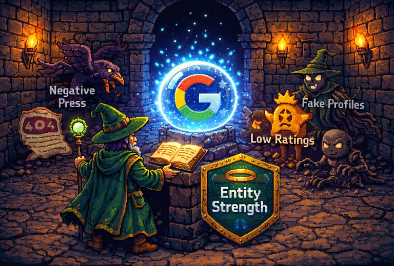 16-bit RPG pixel art showing Boise SEO search reputation and entity control.