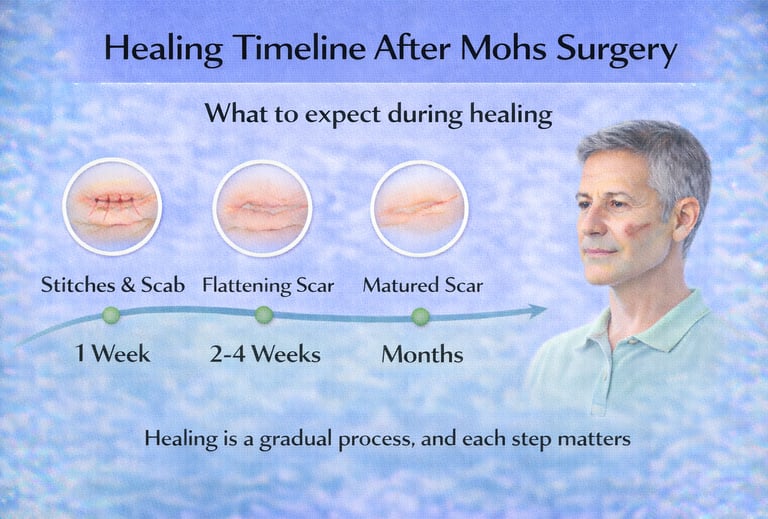 Illustration showing the healing timeline after Mohs surgery, including stitches, scar flattening