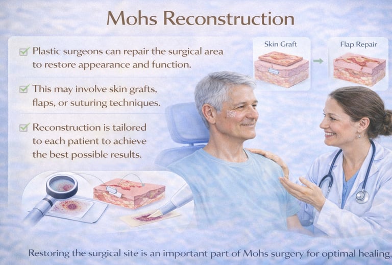 Mohs reconstruction procedure showing a dermatologist discussing skin graft and flap repair options