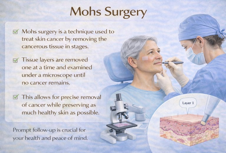 Mohs surgery procedure showing a dermatologist removing skin cancer in stages and examining tissue