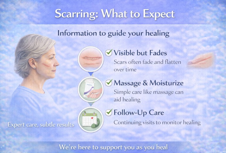 Illustration showing what to expect with scarring after Mohs surgery, including healing