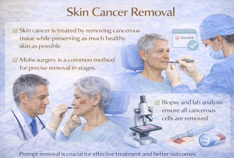 Skin cancer removal using Mohs surgery, showing a dermatologist removing cancerous tissue