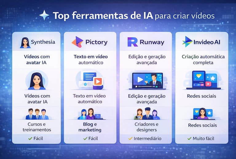 Comparação das melhores ferramentas de IA para criar vídeos: Synthesia, Pictory, Runway e InVideo AI