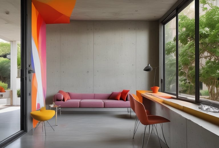 Modern minimalist living room featuring a pink sofa and orange chairs against industrial concrete walls.