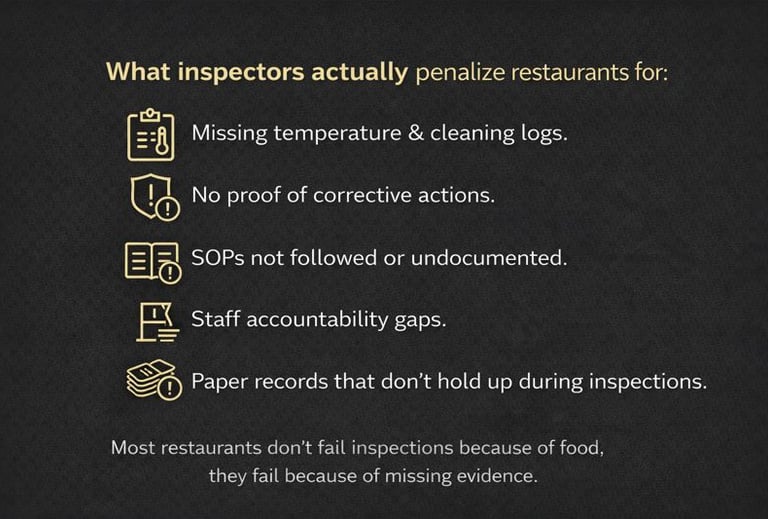 Restaurant compliance issues inspectors penalize including missing logs and corrective actions