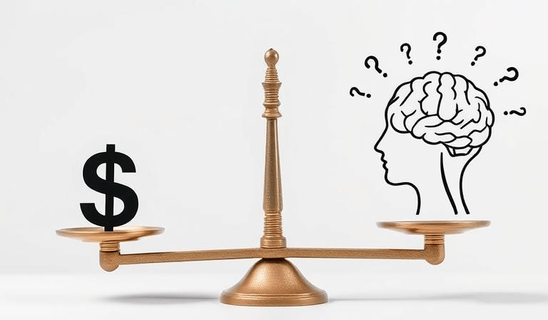 Picture a balanced scale with dollar signs on one side and a brain thinking on the other.
