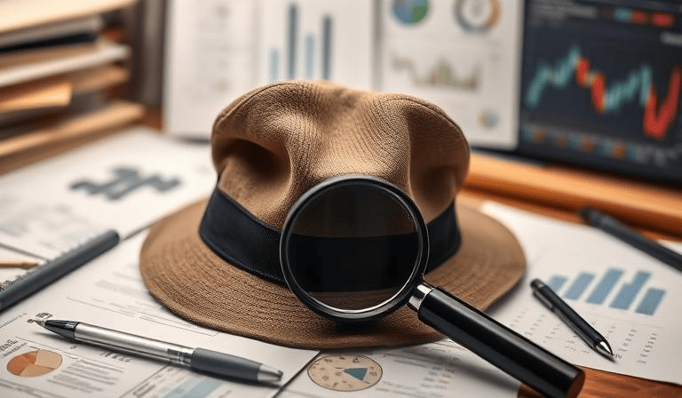 Visualize a detective hat and magnifying glass looking at documents and data.