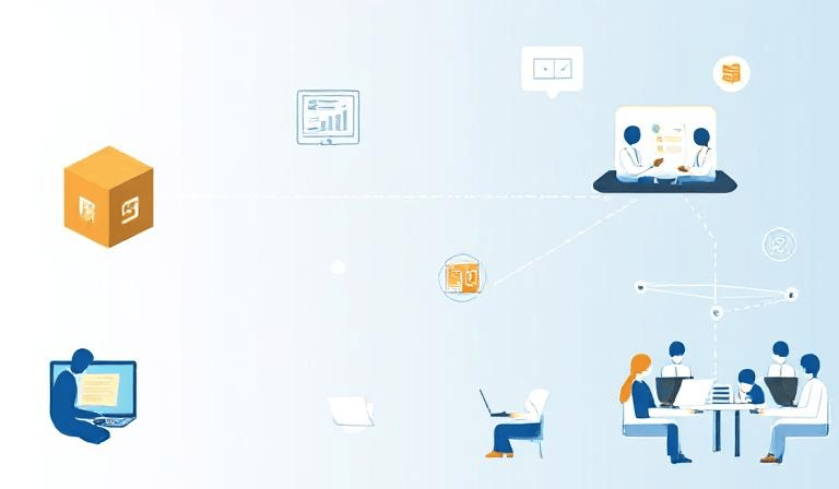 Imagine icons representing software boxes, people working on laptops, and groups of connected users.