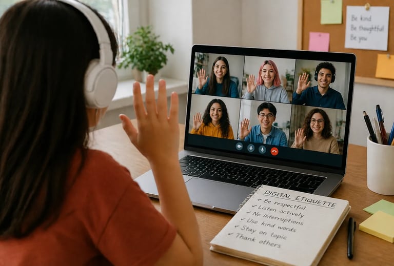 Student following a digital etiquette checklist during a virtual class