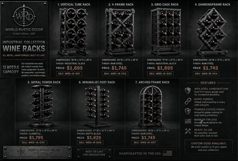 Showcase of industrial metal wine racks in vertical, grid, and spiral styles for rustic home decor.