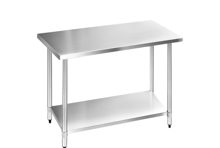 Prosumer grade stainless steel bench with a solid under shelf and adjustable bullet feet.
