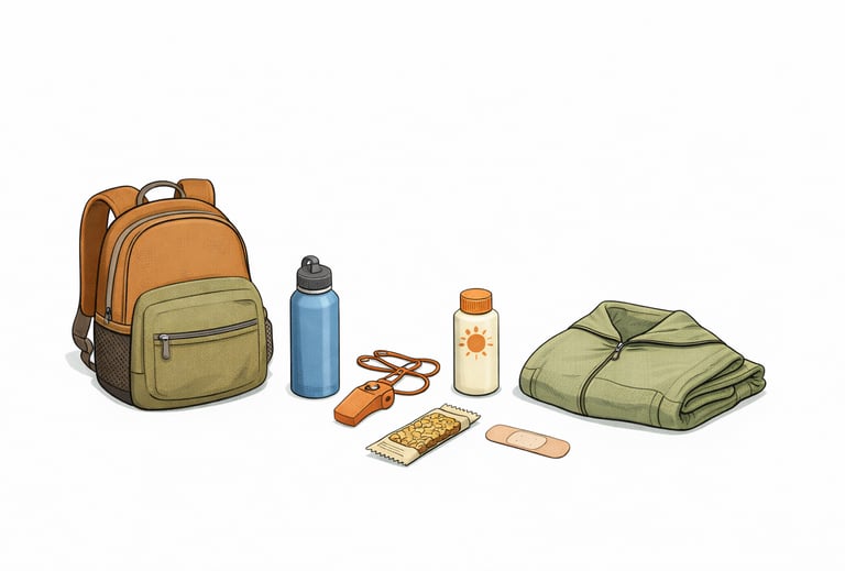 A backpack, water bottle, whistle, snack, sunscreen, jacket, and bandage arranged neatly.